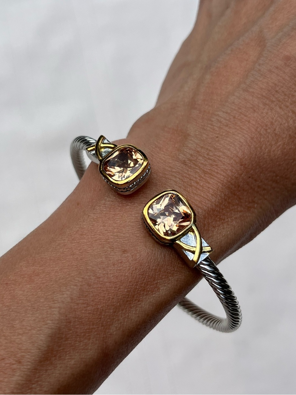 Gold Accent Silver Cable Cuff Bracelet with Champagne Stones - Women Jewelry